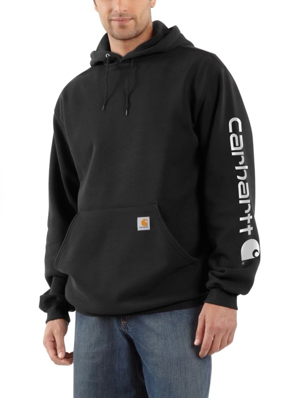 Carhartt Men's Black K288 Logo Sleeve Midweight Hoodie Sweatshirt ~ 2XL